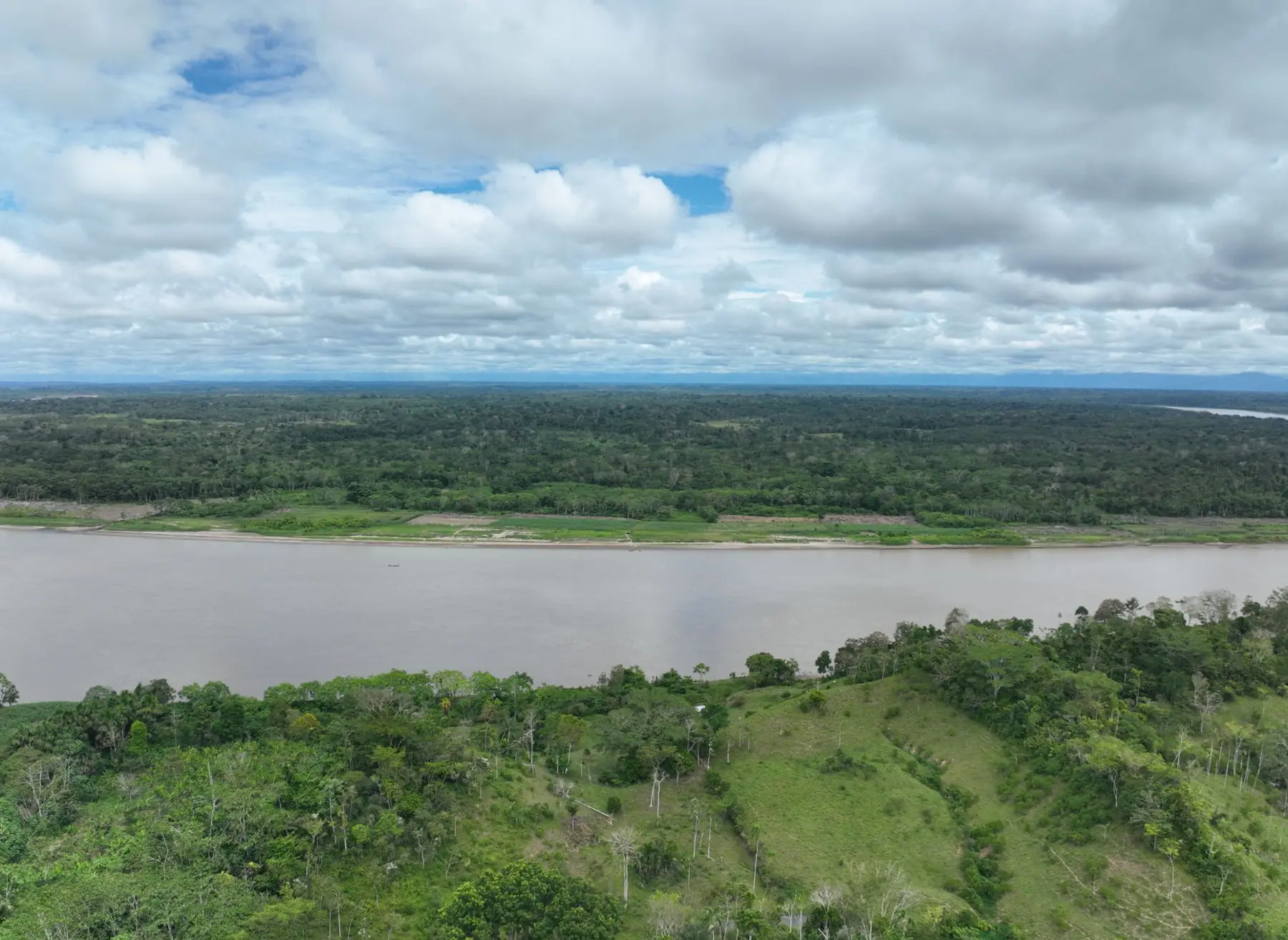Río ancho bordeado de bosque bajo un cielo nublado